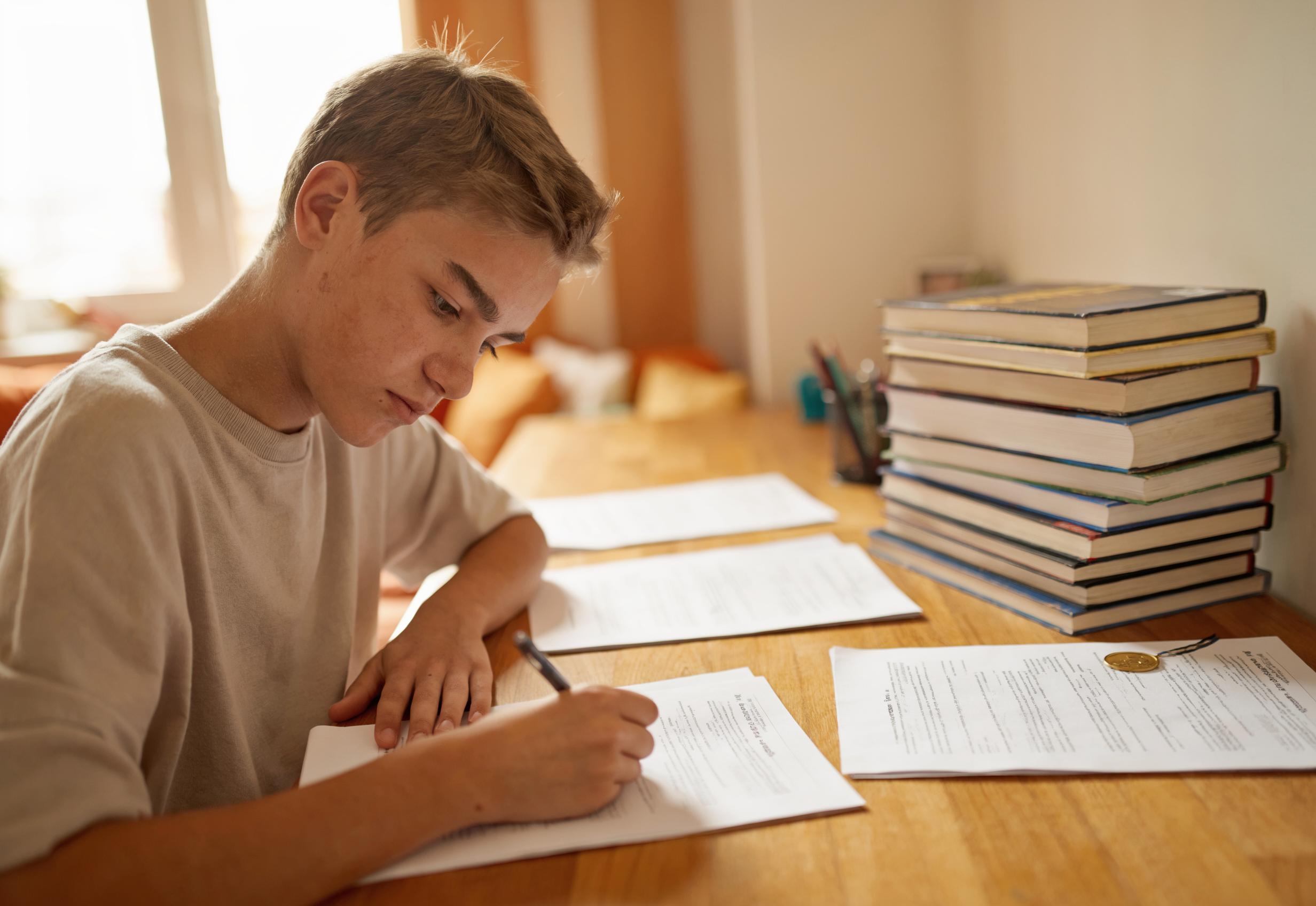 A focused honors student at a desk with advanced textbooks and an academic medal