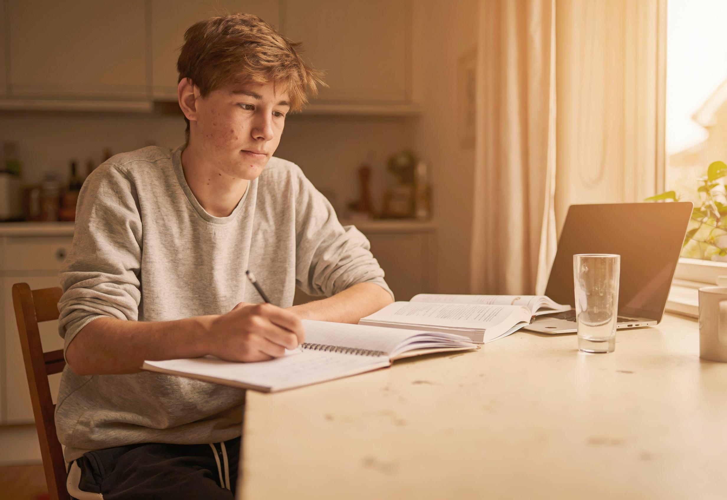 A teenage student doing schoolwork at the kitchen table