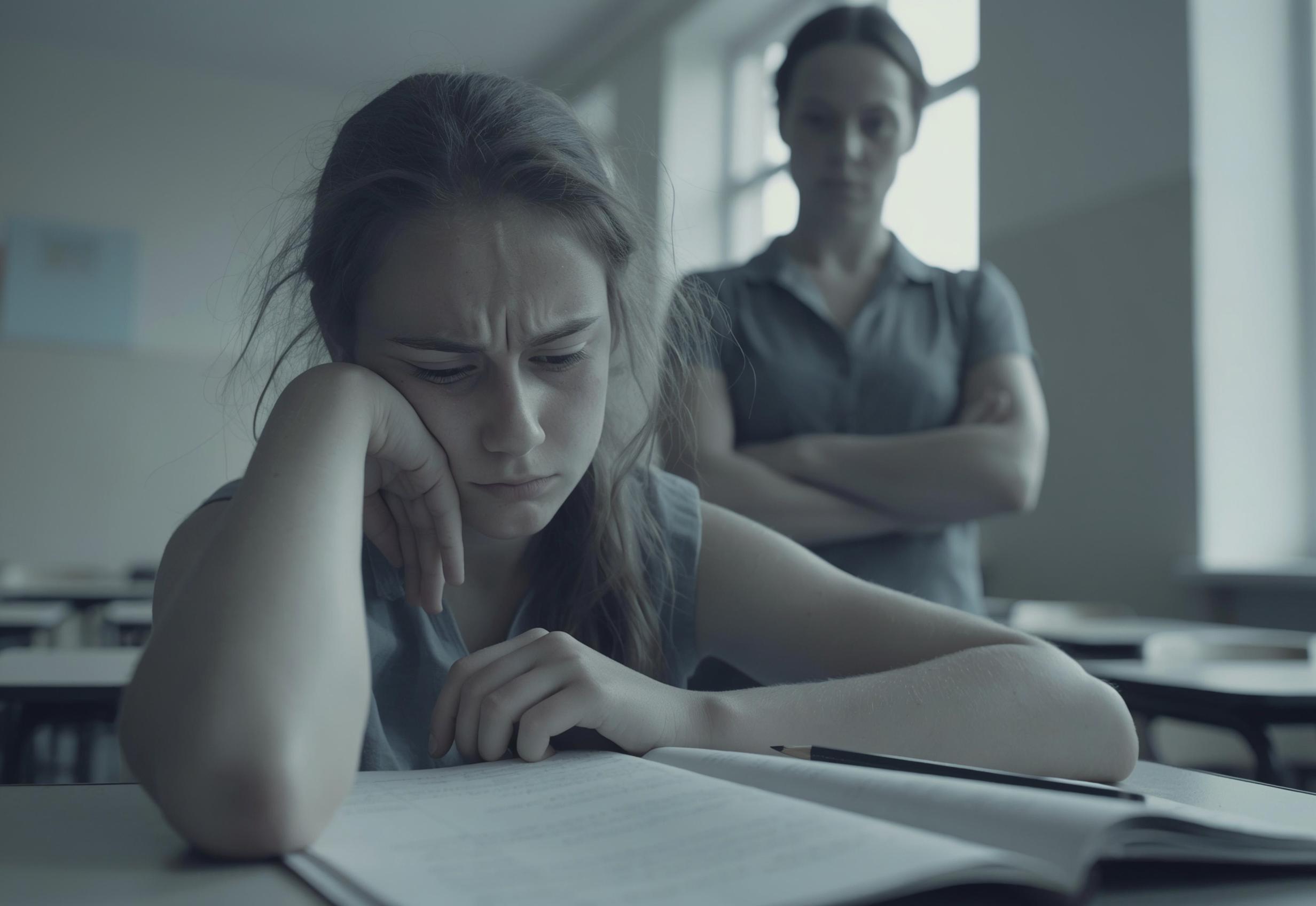 A student struggling over her work while a teacher looks on without engaging